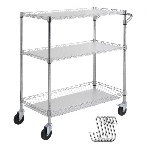 Metal Rolling Cart With Tiers, High LBS Capacity Steel Service Cart On Wheels, Adjustable Shelves, With Hooks Metal Rolling Cart With Tiers, High LBS Capacity Steel Service Cart On Wheels, Adjustable Shelves, With Hooks