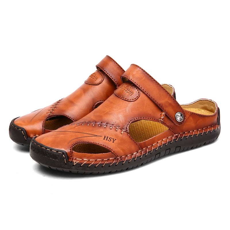Men Summer Sandals Leather Classic Roman Sandals Beach Flip Flops Trekking Outdoor Water Sneakers Slipper Rubber red Brown 40