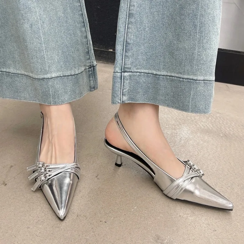 New Arrivals Pointed Toe Women Sandals Fashion Elastic Band Thin Mid Heels Red Black Silver Dress Shoes Woman Fashion silver 42