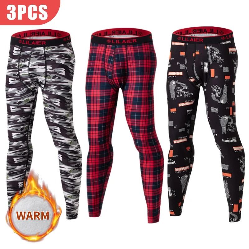 Mens Printed Warm Pants Autumn Winter Leggings Soft Comfortable Plus Size Underwear l black