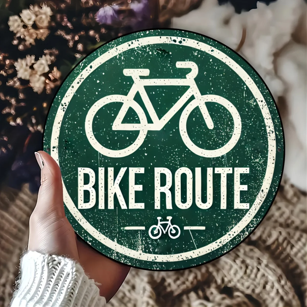 Aluminiumschild „Bike Route“ im Vintage-Stil – 1 Stück, 20 cm runde Metall-Fahrrad-Wegemarkierung für Zimmer, Wand, Restaurant, Bar usw Image