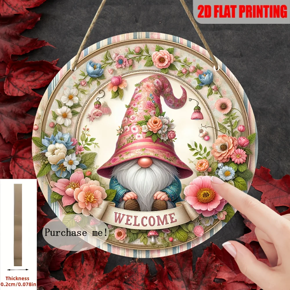 2D flach, 1 Stück „Charming Gnome Welcome“-Dekorationsschild – 20,32 cm x 20,32 cm, rundes Wandschild aus Holz mit lebendigem F