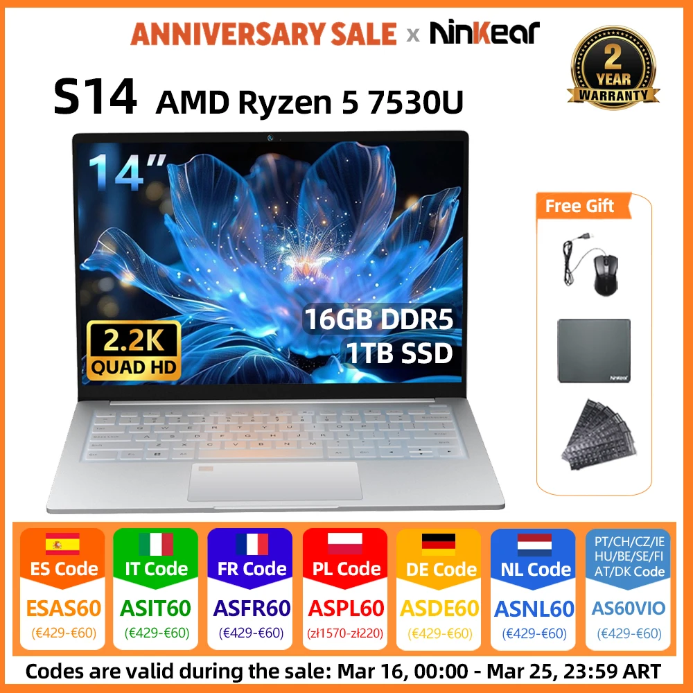 Ninkear S14 AMD Ryzen 5 Ultrabook 14 Zoll Laptop 16GB LPDDR5 1TB SSD Notebook WiFi 6 mit Fingerabdrucksensor Image