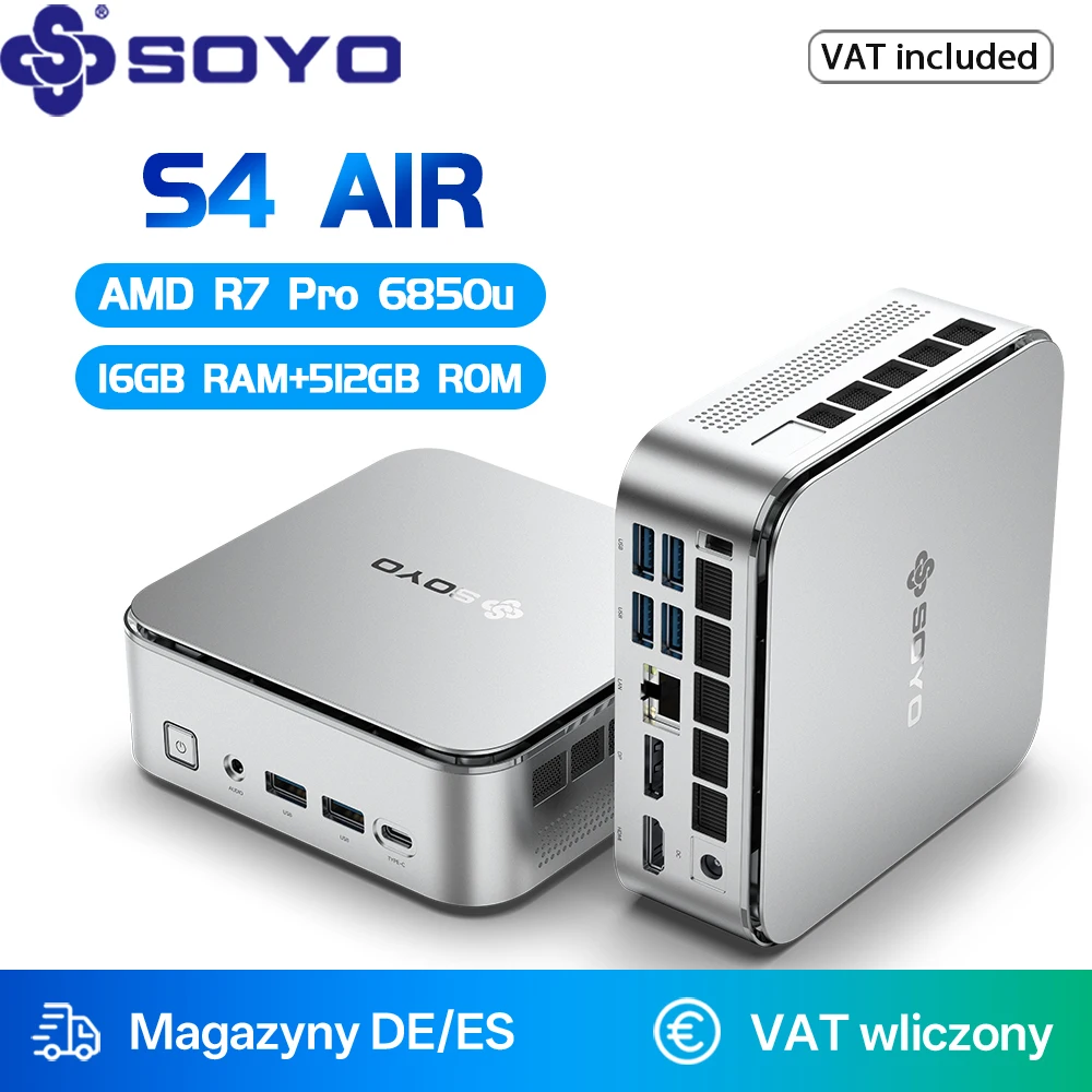 SOYO S4 Air Mini PC Gaming Computer AMD R7-6850U CPU 16 GB DDR5 512 GB SSD NVME PCIE3.0 Window 11 Pro WiFi6/BT5.2 Mini-Computer