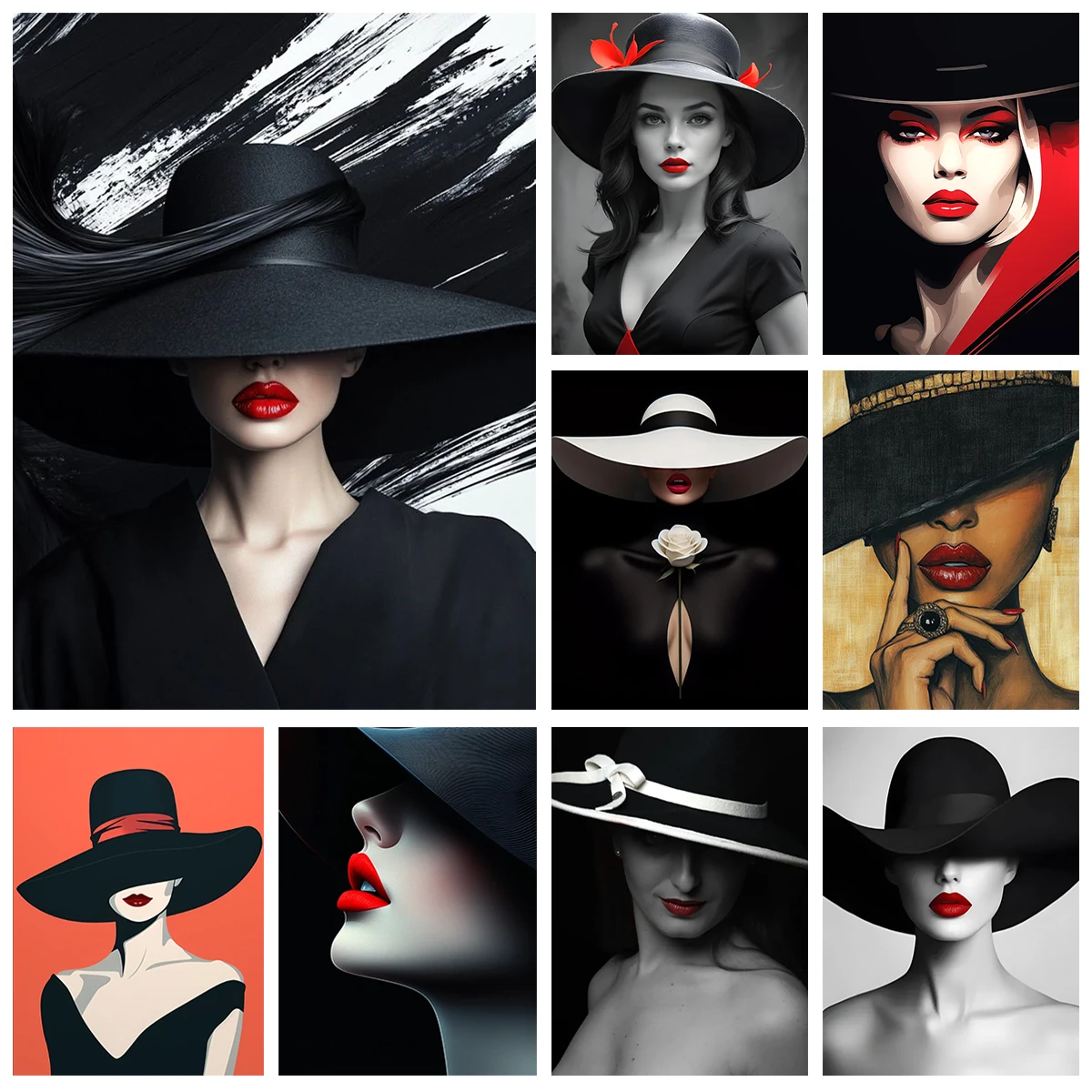 Sexy Frau Diy Diamant Malerei Schwarz Hut Und Sexy Rote Lippen Mosaik Ölgemälde Handgemachte Diamant Stickerei Hause Wand Dekor