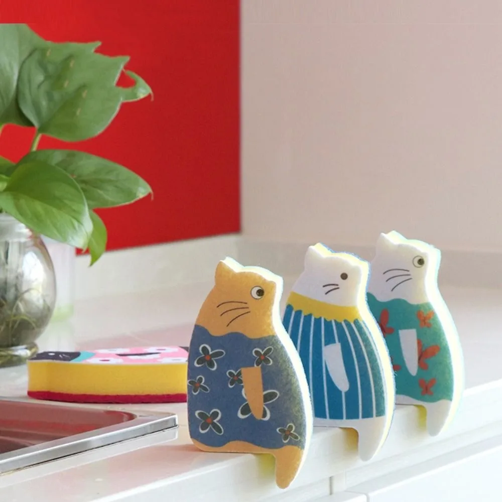 2 stücke Katze geformte Geschirrs pül schwamm japanische kratz feste Geschirrs pül tuch zarte Schwamm katze gedruckt Image