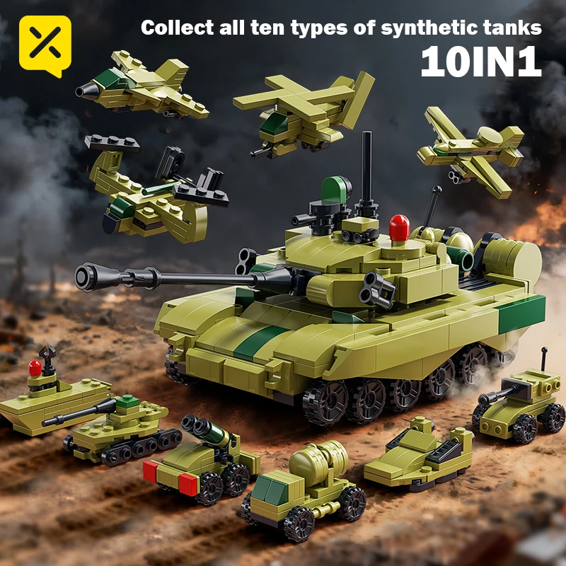 10-in-1-Militärserie WW2 Bausteine Ziegel-Set DIY Montieren Panzer Gepanzertes Fahrzeug Flugzeug Armee Modell Spielzeug Geschenke für Kinder Image