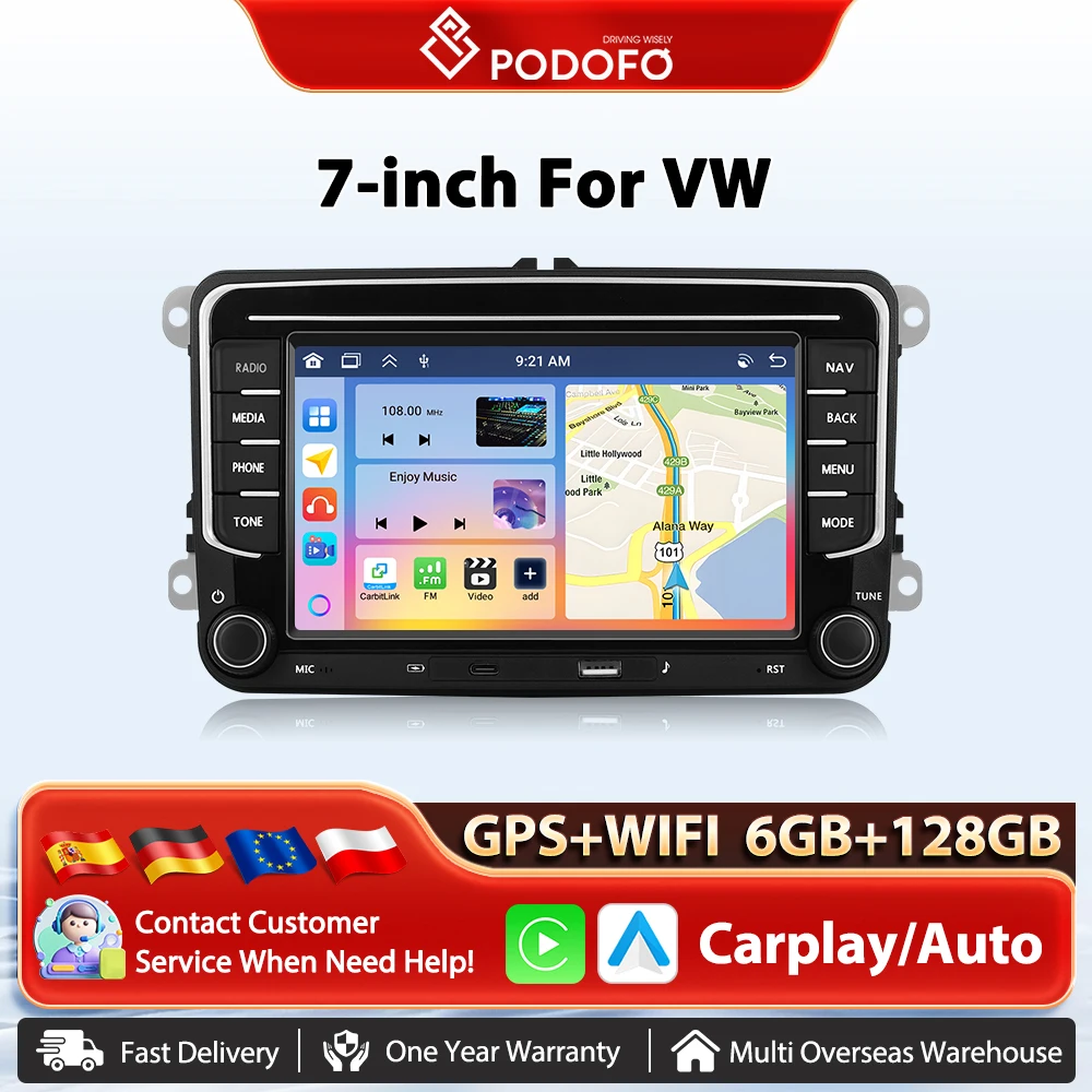 Podofo 6 + 128G Drahtlose Carplay Auto Radio für VW GPS Navigation Android Auto Multimedia Player Mirrorlink Android FM/RDS Radio Image