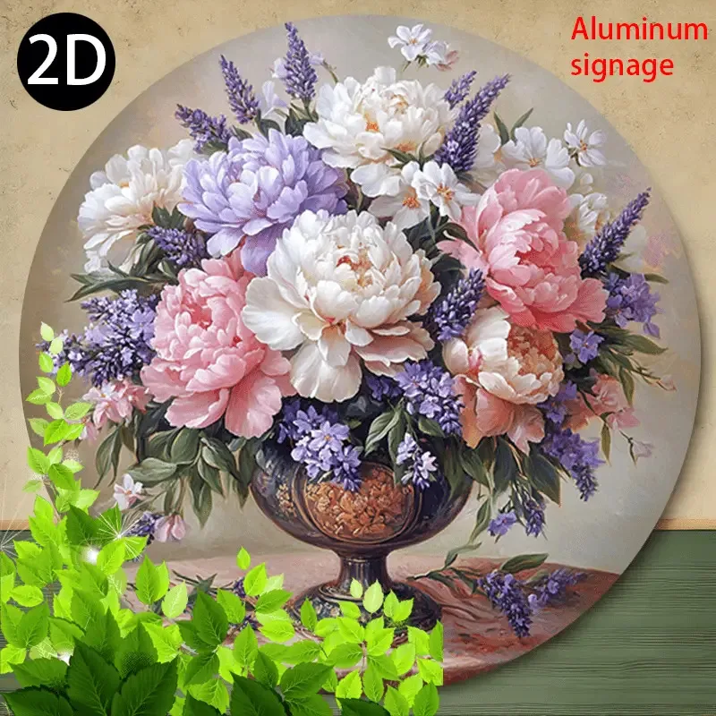 1 Stück Vintage Floral Pfingstrose & Lilien Blumen Wanddekoration – Pastellrosa, Weiß, Lila, Lavendel, Grün – Elegantes rundes Metallschild für Image