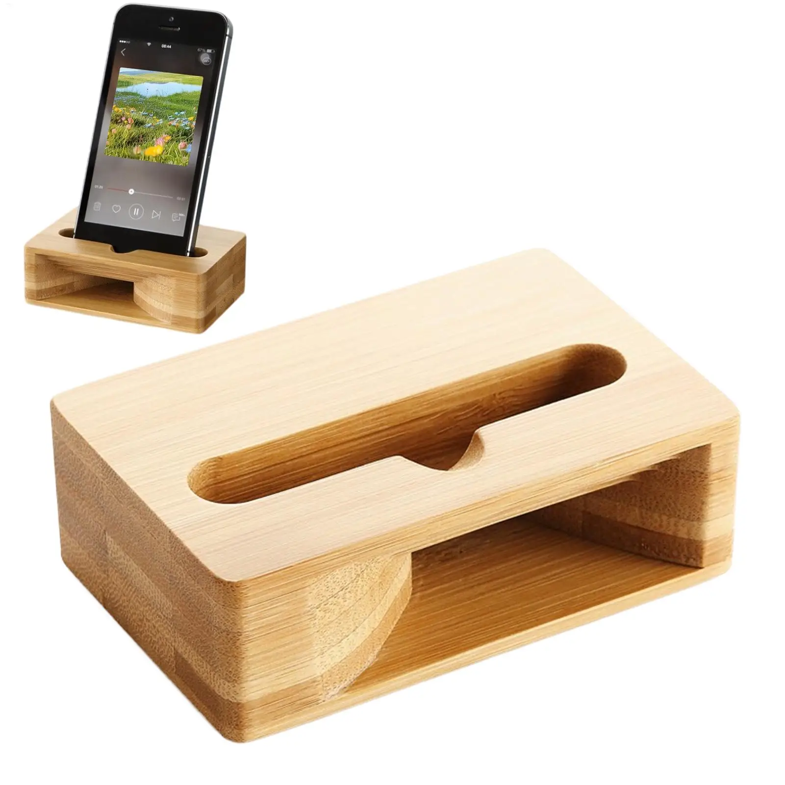 Holz Telefon Lautsprecher Verstärker Desktop Natürliche Holz Handy Ständer Lautsprecher Dock Klare Anrufe Musik Audio Player Image