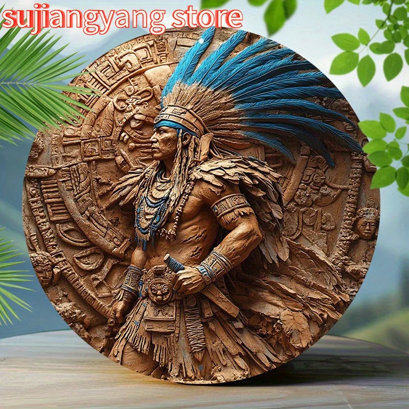 1 Stück Azteken-Krieger, 20,3 cm, rund, Aluminium-Wandkunst, wasserdichtes Metallschild, wiederverwendbares Retro-Azteken-Kalender-Dekor für Zuhause, Bar, Café Image