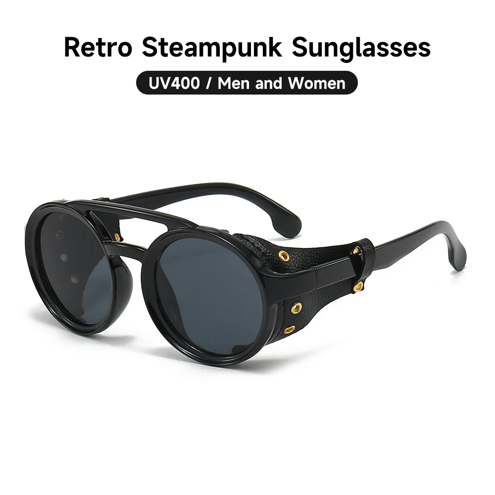 Retro Steampunk Sonnenbrille Männer Frauen UV400 Runde Punk Sonnenbrille Vintage Brille Leder Shades Im Freien Sport Brillen Image
