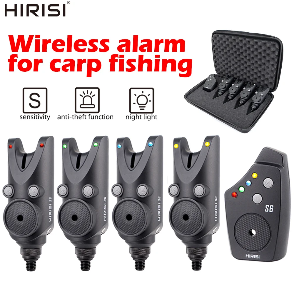 Hirisi S6 Kabelloses Alarm-Set zum Karpfenangeln, wasserdicht, 4-farbige LED-Anzeige, einstellbare Lautstärke/Ton/Empfindlichkeit, mit Aufbewahrungskoffer Image
