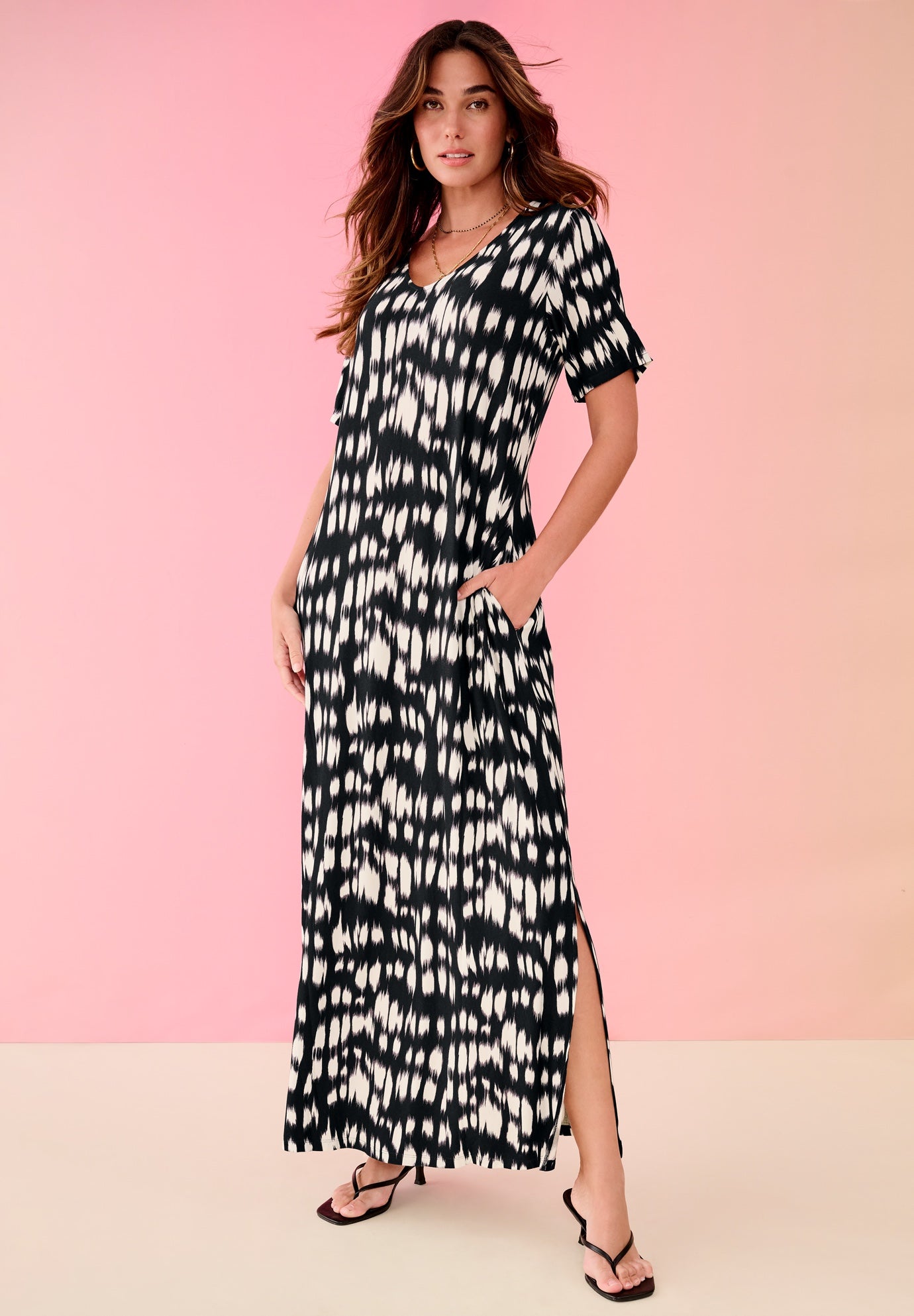 Plus Size Women's Plus Size Stretch Knit Short Sleeve Maxi Dress with Side Slit Detail by Roaman's in Black Ikat Print (Size 26/28)