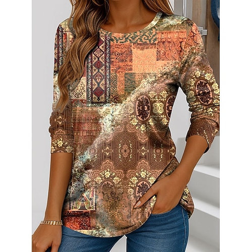 Damen T Shirt Druck Grafik Gestreift Abstrakt Vintage Stilvoll Klassisch Langarm Rundhalsausschnitt Normale Oberteile Täglich Wochenende Blau Rosa Orange Grün Herbst Winter