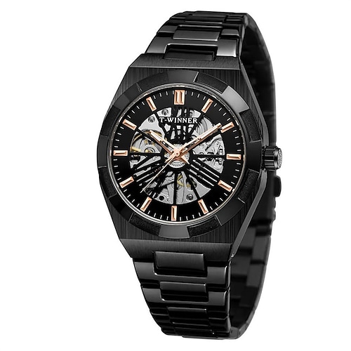 WINNER Herren Mechanische Uhr Luxus Große Ziffernblatt Mode Geschäfts Hohl-Skelett Automatische Selbstaufzugs-Wasserdicht Edelstahl Armband Uhr