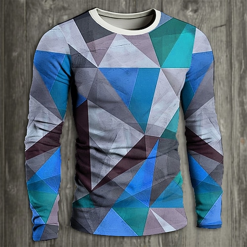 Herren-Langarmshirt mit geometrischem Retro-Print, Vintage-Farbblock-Design, Dreiecksgrafik, lässiger, abstrakter Kunst, Rundhalsausschnitt, Pullover, Bekleidung, Größen: S, M, L, XL, XXL, XXXL Image