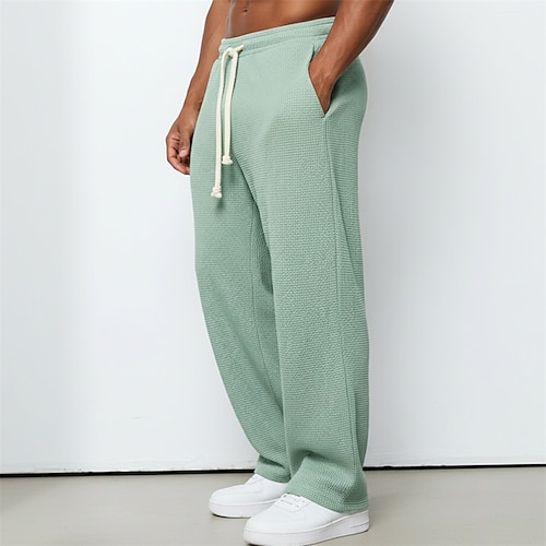 Herren Waffel Jogginghose Hose Freizeithose Gerade geschnittene Sweatpants Kordelzug Einfach Komfort Atmungsaktiv Volle Länge Lässig Täglich Outdoor Urlaub Mode Blau Schwarz Mikroelastisch Image