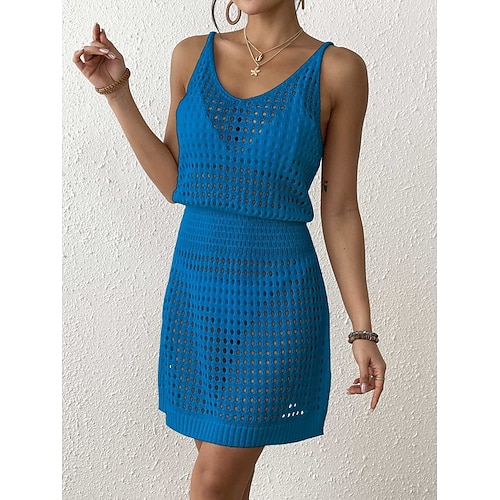 Damen Cover-Up Badeanzug Kleid Strick Urlaub Strandbekleidung Einfarbig V-Ausschnitt Ärmellose Badeanzüge Image
