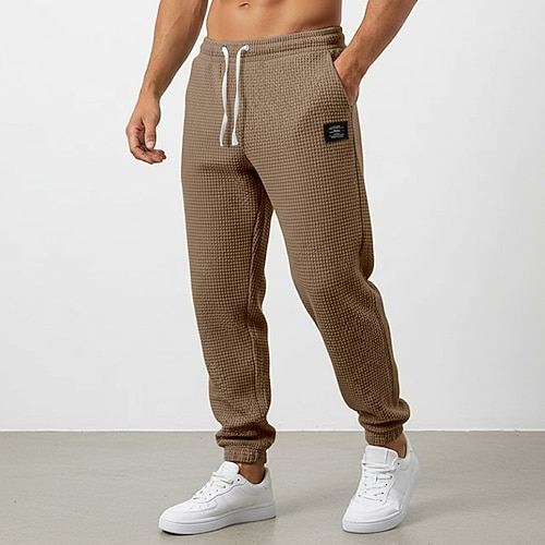 Herren Waffel Jogginghose Jogginghose Jogger Hose Freizeithose Kordelzug Elastischer Bund Einfarbig Komfort Volle Länge Täglich Outdoor Streetwear Urlaub Mode Schwarz Weiß Dehnbar Image