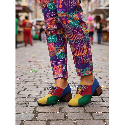 Damen Mardi Gras mehrfarbige Patchwork Blockabsatz Oxfords – Retro Farbblock Schnürpumpen für Karnevalskostüme Clowns funky Alltagskleidung Image