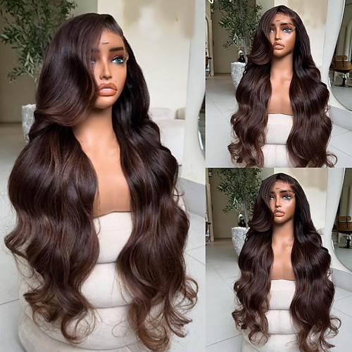 Remy Echthaar 5x5 Verschluss 13x4 Spitzenfront Perücke Freier Scheitel Brasilianisches Haar Bodywave Braun Kastanienbraun Perücke 150% 180% Haardichte mit Babyhaaren 100% Unbehandelt Kleberfrei Mit Image