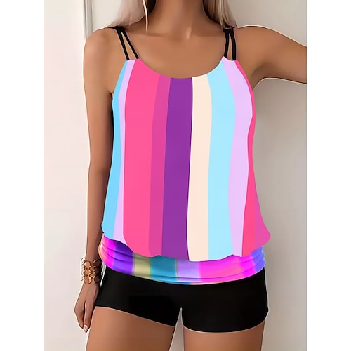 Damen Tankini 2-teiliges Badeanzug Farbblock Boy Leg Bauchkontrolle Hohe Taille Slim Rückenfreier Urlaub Strandbekleidung Streifen Scoop-Ausschnitt Ärmelloser Badeanzug Image