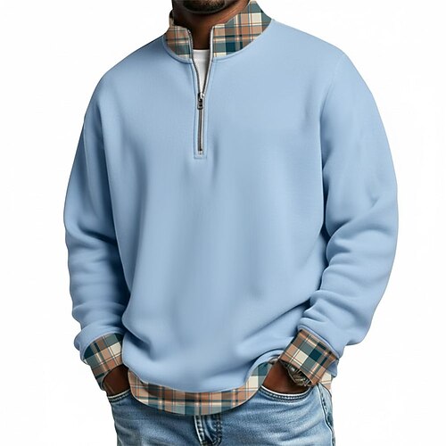 Herren Karomuster Patchwork Poloshirts mit Reißverschluss Langarm Polo-Shirts Großvaterkragen Lässig Schule Athleisure Ferien Alltagskleidung 3D-Druck Viertelreißverschluss-Poloshirt Frühling Herbst Image