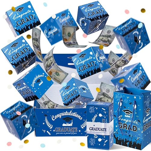 Überraschungs-Hüpfbox-Set zur Abschlussfeier, festliche blaue Geschenkbox aus Papier mit Kappenmotiv, faltbare Geld-Hüpfbox zum Selbermachen, einzigartige faltbare Pop-up-Geschenkboxen mit Geldscheinen Image