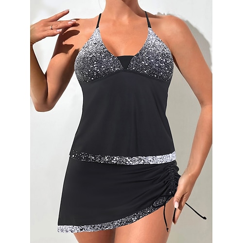 Damen Tankini 2-teilig Badeanzug Rüschen Rock Bauchkontrolle Hohe Taille Schmal Rückenfrei Urlaubs Strandbekleidung Ombre Halter Hals Ärmellose Badeanzüge Image