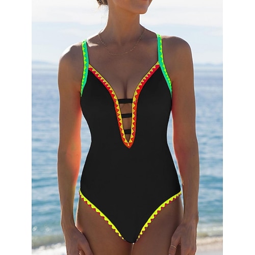 Damen Einteiler Badeanzug Schlank Sexy Cutout Monokini Hoher Ausschnitt Bauchkontrolle Hohe Taille Schlank Rückenfrei Urlaub Strandbekleidung Farbblock V-Ausschnitt Ärmellose Bademode Image