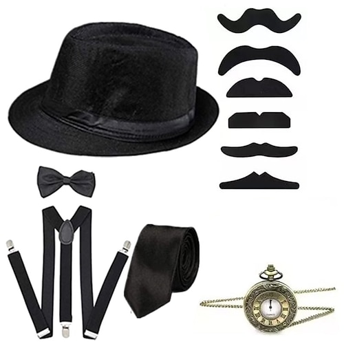 Set Vintage Retro Vintage Goldene Zwanziger Zubehörset Filzhut mit Zubehör Der große Gatsby Gentleman Halloween Kostüm Herren 5 Stücke Halloween Karneval Party Maskerade Erwachsene Hut Hosenträger Image