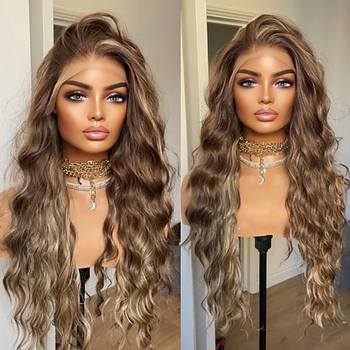 Brasilianische, unbehandelte Echthaarperücke, gewellt, 5x5 Lace Closure ohne Kleber, blond-braun gesträhnt, 13x4 Lace Front Echthaarperücke mit Babyhaaren Image