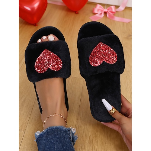 Rosa Plüsch-Sandalen für Damen aus Kunstfell mit rotem Glitzerherz – süße, warme Hausschuhe, ideal als Valentinstagsgeschenk, für Schlafzimmer und Wohnzimmer. Image