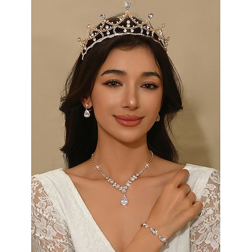 Brautschmuckset mit Kristallen für Damen – 3-teiliges Diadem, tropfenförmige Halskette Armband im Prinzessinnenstil mit funkelnden Strasssteinen für Bräute Hochzeitszeremonien Image