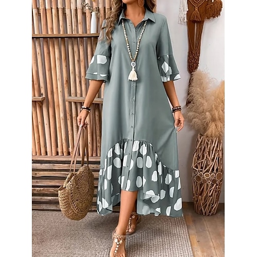 Damen Midikleid A Linie Kleid Sommerkleid Lässig Täglich Lässiger Schnitt Grafik Geometrisch Dreiviertelarm Revers Schwarz Grün Grau Sommer Image
