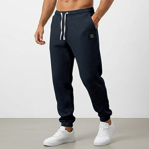 Herren Waffel Jogginghose Jogginghose Jogger Hose Freizeithose Kordelzug Elastischer Bund Einfarbig Komfort Volle Länge Täglich Outdoor Streetwear Urlaub Mode Schwarz Weiß Dehnbar Image