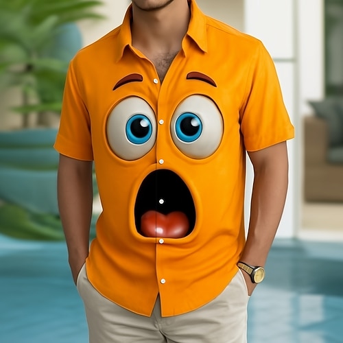 Herren Optische Täuschung 3D Zeichentrick Lächelndes Gesicht Hemd Knopfhemd Kurzarm Lustig Outdoor Ferien Sommer Frühling Umlegekragen 3D-Druck Hemden mit Kragen Gelb Dunkelgrün Orange Grün Image