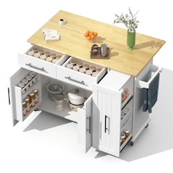 OKWISH Kücheninsel mit Drop Leaf 90x60x85 cm aus MDF in Weiß und Natur mit 3-Tier Pull Out Organizer, Handtuchhalter und 2 Schubladen Image