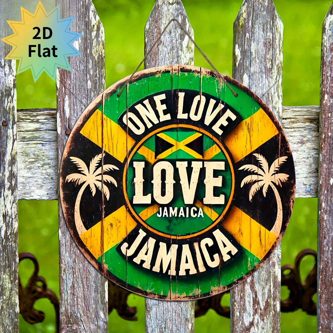 2D Flat – 1 Stück Vintage „One Love Jamaica“ Holzschild – Rustikales Grün und Gelb mit Palmen-Design, 7,8 x 7,8 Zoll, perfekt für