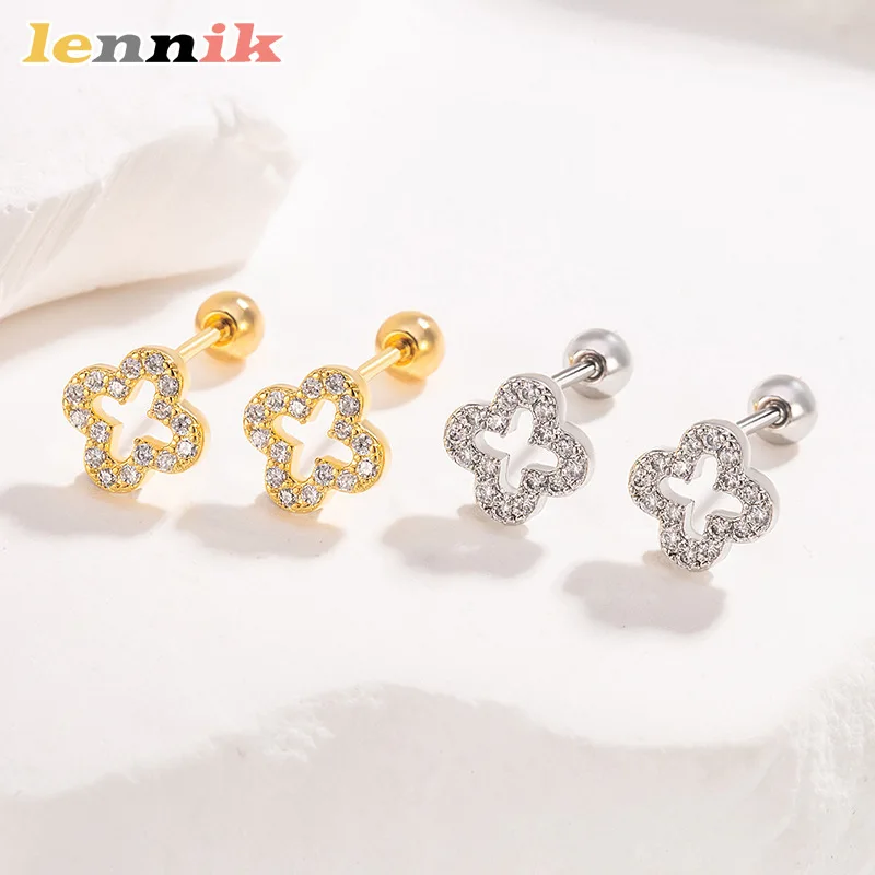 LENNIK 4-blättriges Kleeblatt-Twist-Ohrring-Set, voller Diamant-Knorpel-Ohrstecker mit Gewinde, mehrfarbig, Premium-Geschenkbox, ideal für Freunde Image