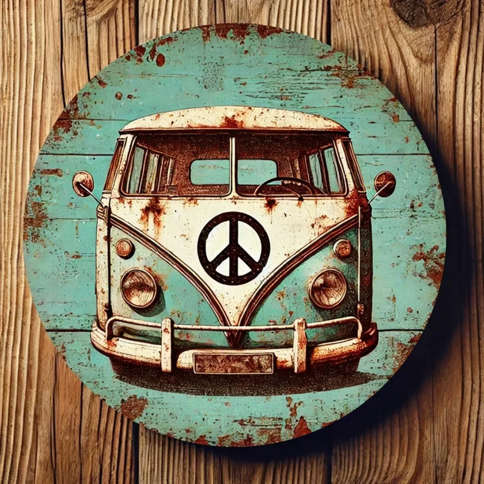 Vintage Hippie Van Friedenszeichen Aluminium Wandkunst, Retro Distressed Metallschild, Neuheit Home Badezimmer Dekor
