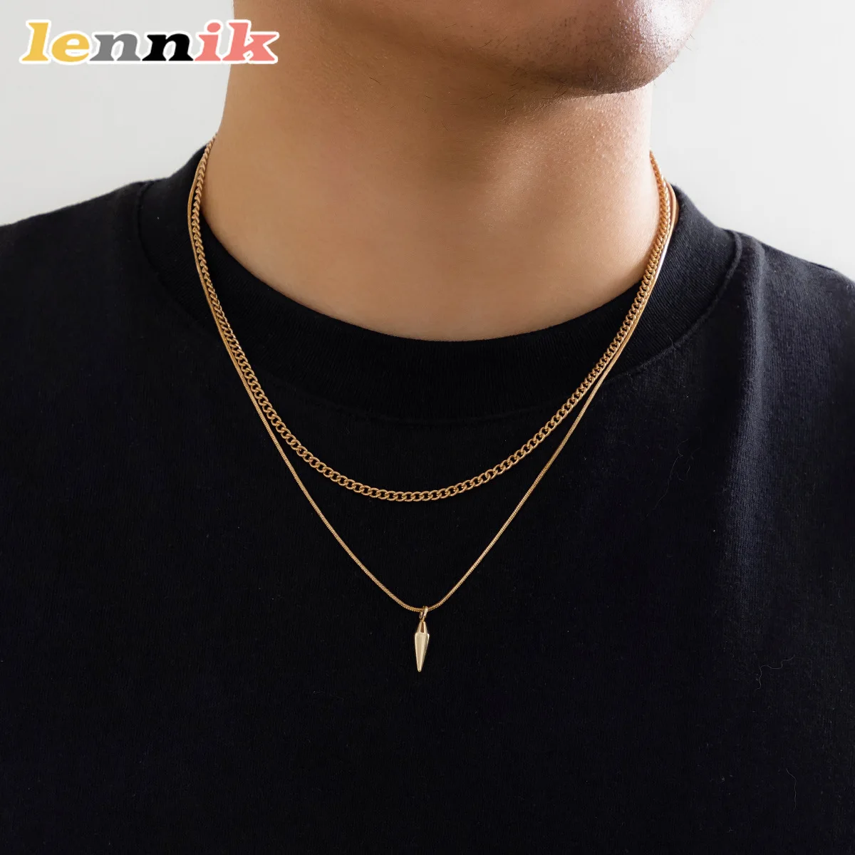 LENNIK Herren-Halskette mit gestapelten Nieten aus Edelstahl, mehrschichtiges Punk-Design, vielseitig für Straße/Freizeit, perfektes Geschenk Image