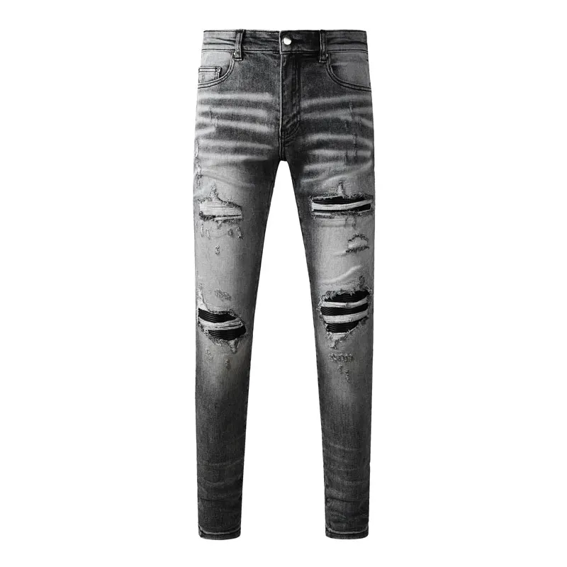 High Street Fashion neue Jeans Stretch Slim Fit Retro Perforierter Patch Schwarz Grau Jeans Designer Hip-Hop Marke Patch Hosen Homme