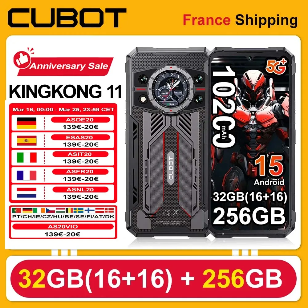 Cubot KingKong 11 Smartphone 5G 10200mAh 33W 32GB(16+16)+256GB 108MP+32MP+24MP+8MP 6.72'' FHD+ IPS Téléphone mobile NFC/GPS Android 15