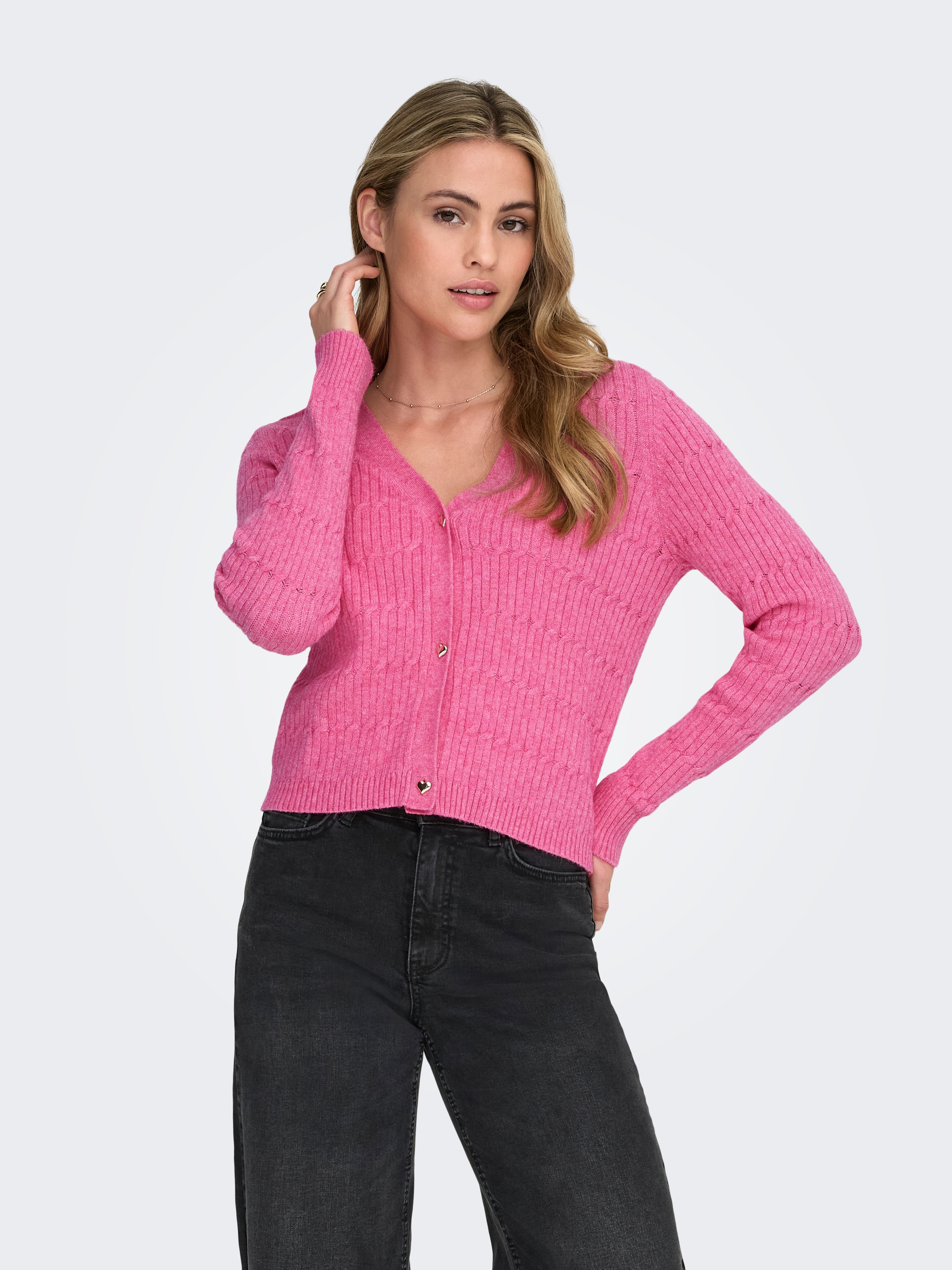 Strickjacke ONLY "ONLKATIA LS CABLE V-NECK CARDIGAN CC KNT", Damen, Gr. L, wild orchid detail:melange, Strick, Obermaterial: 50% Viskose, 27% Nylon, 23% Polyester, meliert, figurbetont normal, V-Ausschnitt, Rippbündchen, Strickjacken Strickjacke