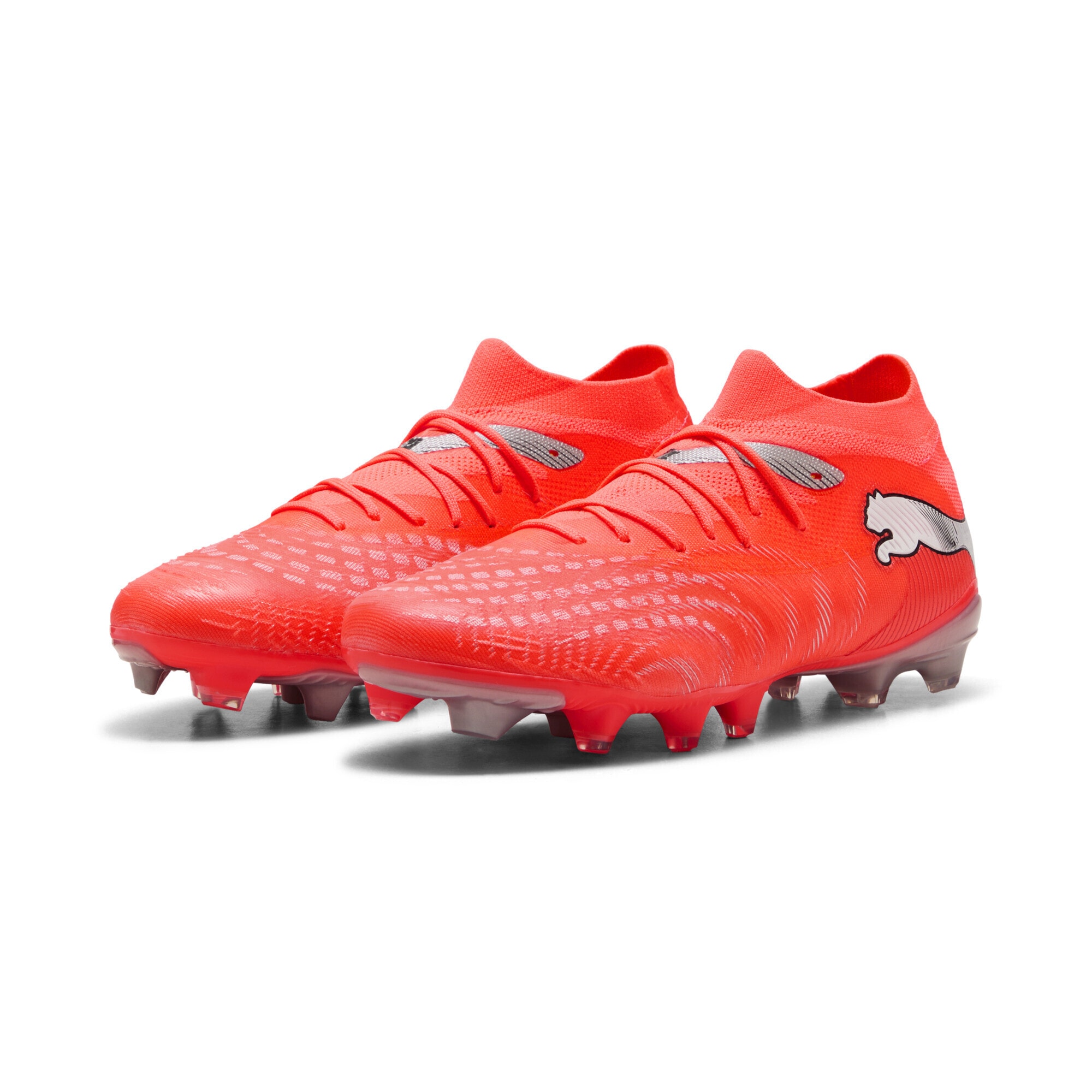 Fußballschuh PUMA "FUTURE 9 MATCH FUSION FG/AG Fußballschuhe Damen", Damen, Gr. 38,5, glowing rot weiß schwarz silber, Obermaterial: Synthetik, Textil; Futter: Synthetik, Textil; Innensohle: Textil; Laufsohle: Synthetik, Schuhe Fußballschuh