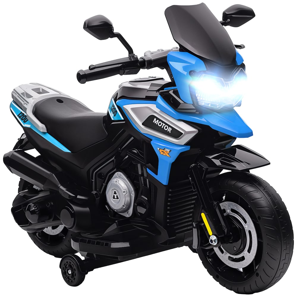 Moto elettrica per bambini con rotelle, specchietti e poggiapiedi blu