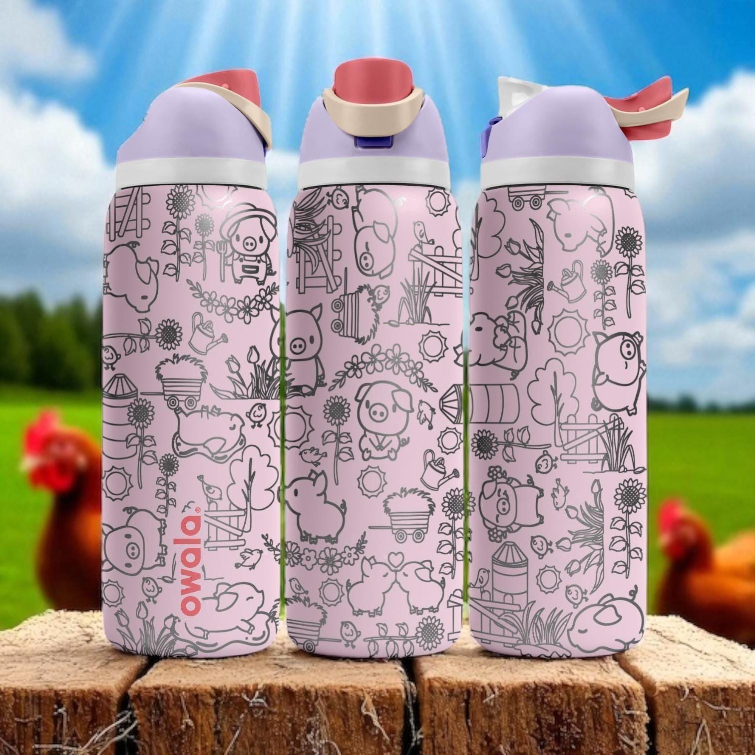 Bicchiere termico Piglet Owala - 473 ml, 710 ml, 950 ml, 1,2 litri - Bottiglia d'acqua con simpatico animale da fattoria - Regalo per amanti dei maial