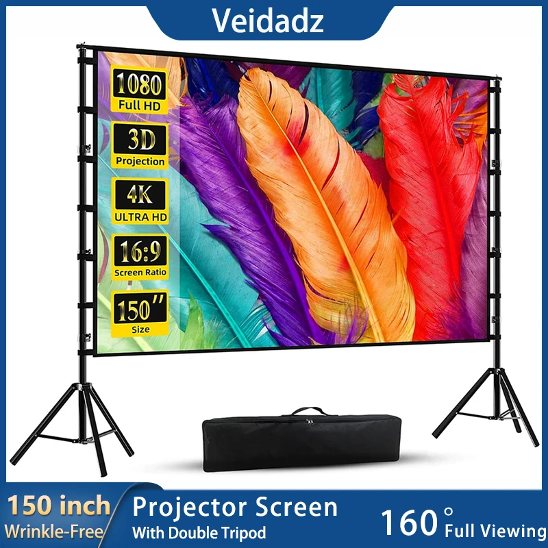 VEIDADZ Projektorleinwand mit Ständer, weiß, knitterfrei, 160 ° Betrachtungswinkel 60-150 Zoll doppelseitiger Bildschirm Heimkino im Freien Image